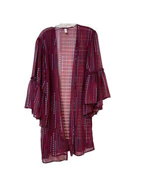 I Love Maroon Diamond Print Kimono Ruffle Sleeve Open Front Size S